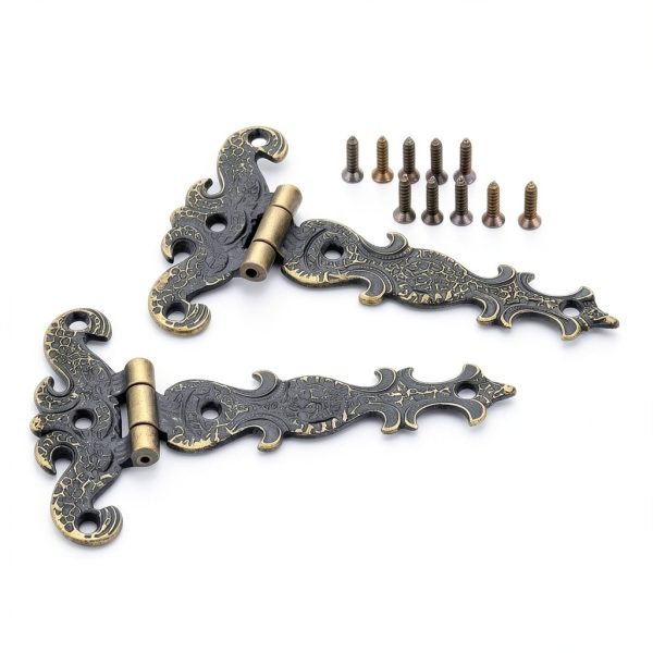 2Pcs Antique Bronze Door Hinges, T-Strap Decorative Furniture Fittings Butt Hinges for Windows Cabinet Cupboard Wardrobe Doors Wooden Boxes Jewelry Case Chest-1