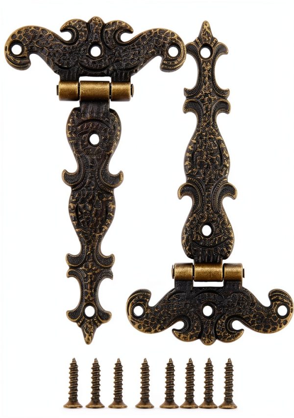 2Pcs Antique Bronze Door Hinges, T-Strap Decorative Furniture Fittings Butt Hinges for Windows Cabinet Cupboard Wardrobe Doors Wooden Boxes Jewelry Case Chest-0